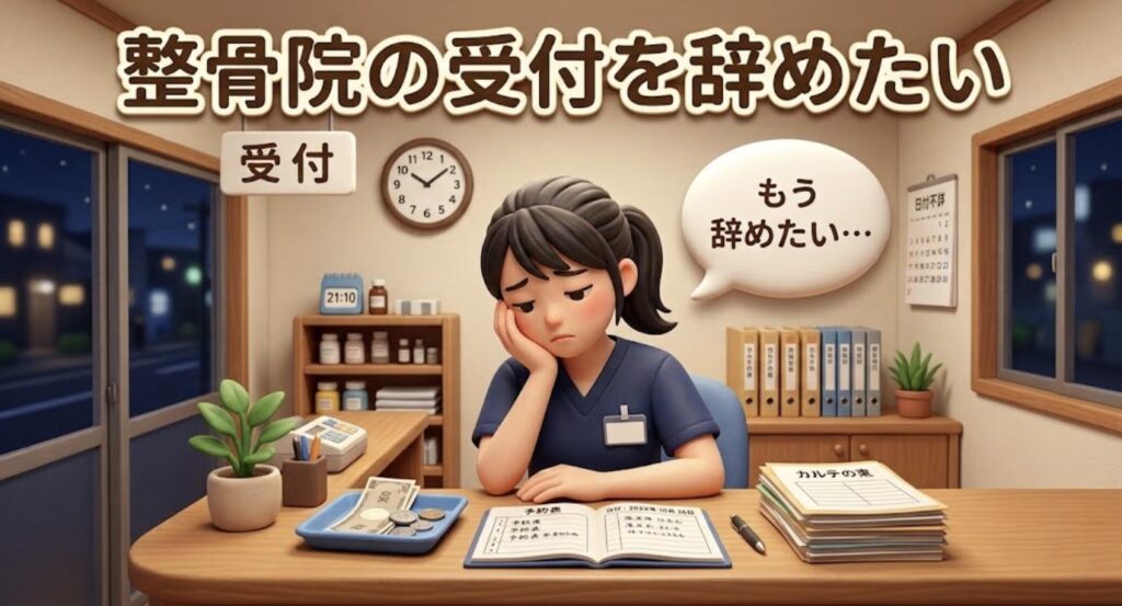 整骨院の受付カウンターで疲れた表情の受付スタッフのイラスト