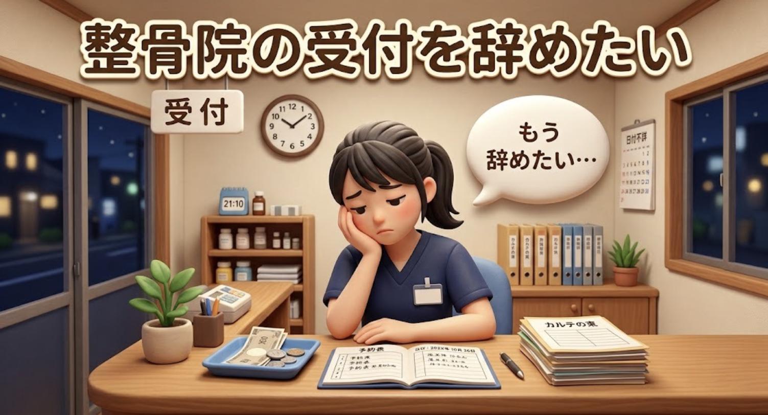 整骨院の受付カウンターで疲れた表情の受付スタッフのイラスト