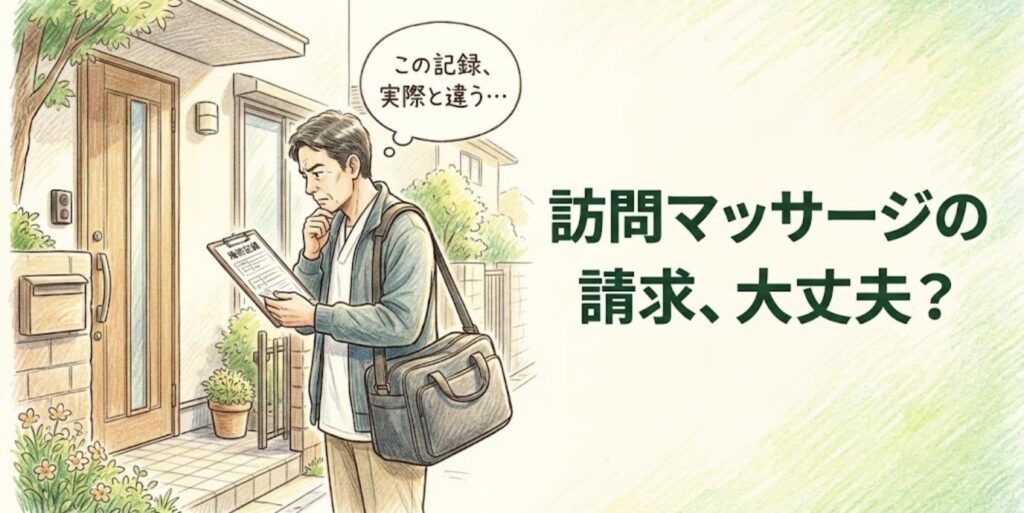 患者宅の玄関前で施術記録を見つめて考え込む男性あん摩マッサージ指圧師と「訪問マッサージの請求、大丈夫？」の見出し