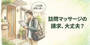 患者宅の玄関前で施術記録を見つめて考え込む男性あん摩マッサージ指圧師と「訪問マッサージの請求、大丈夫？」の見出し