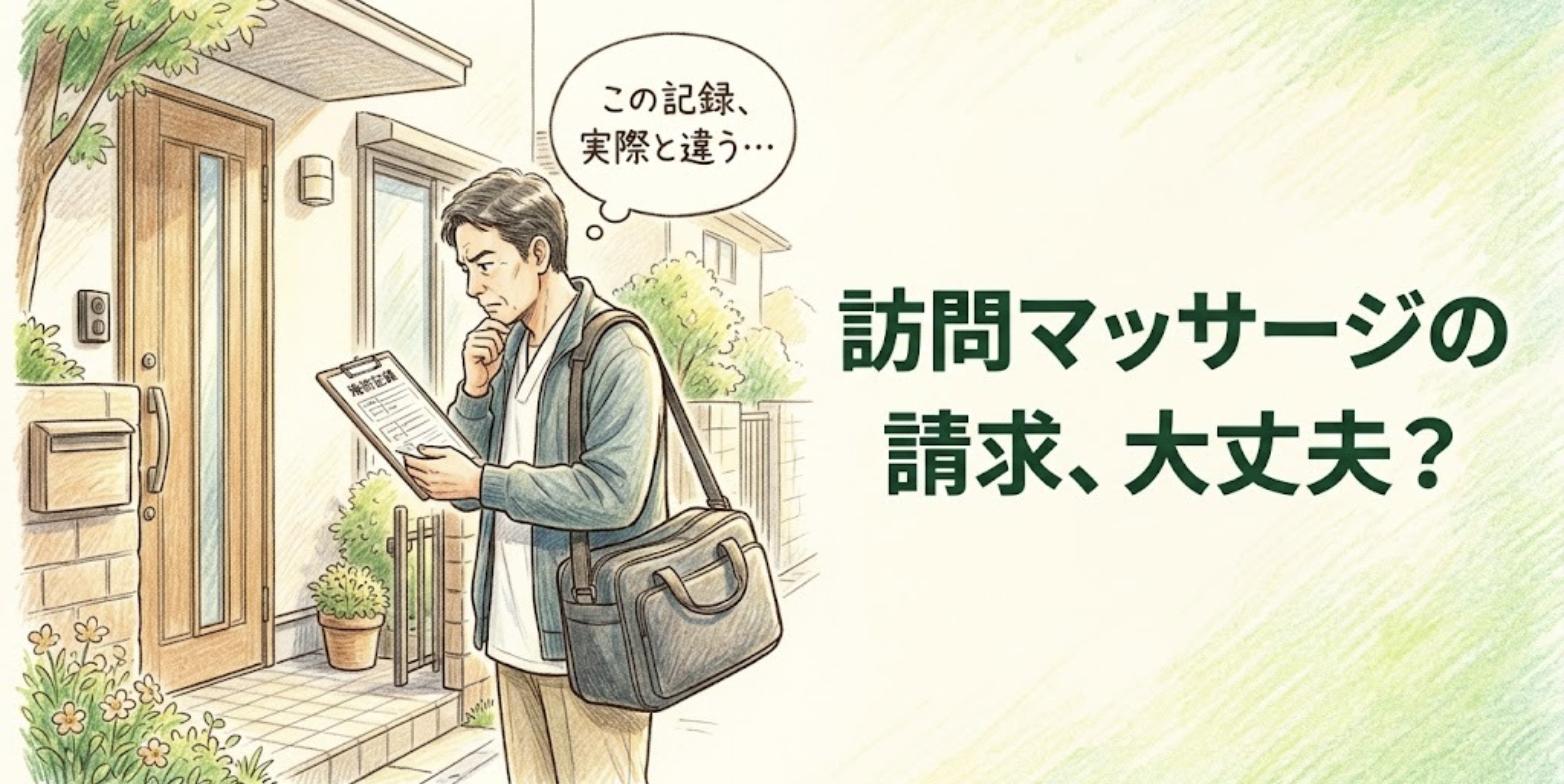 患者宅の玄関前で施術記録を見つめて考え込む男性あん摩マッサージ指圧師と「訪問マッサージの請求、大丈夫？」の見出し