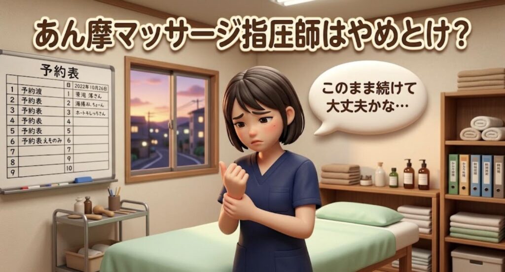 施術ベッドの横で痛む手首をさすり、不安そうな表情のあん摩マッサージ指圧師の3Dイラスト