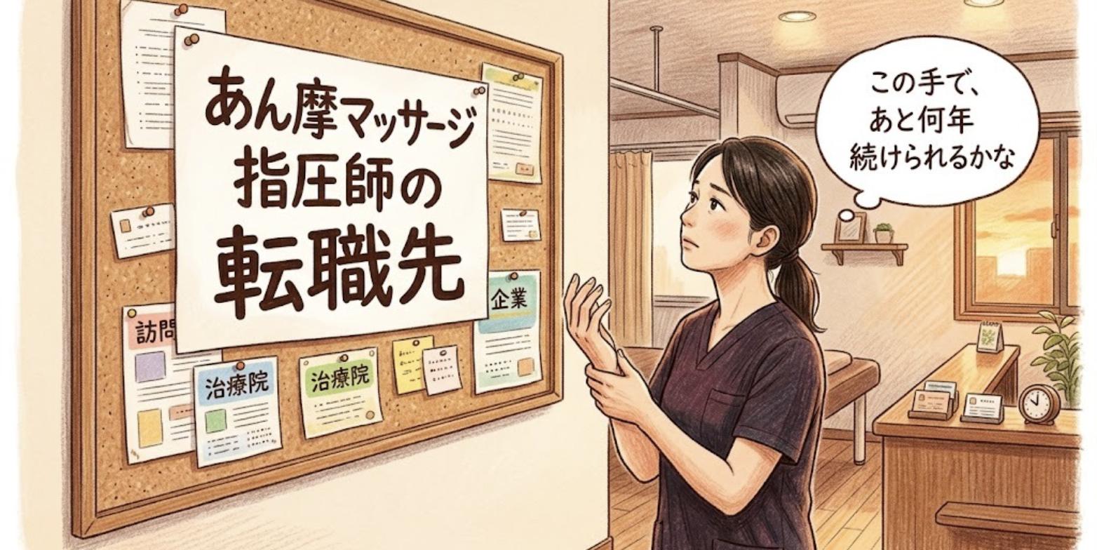 マッサージ院の掲示板の前で手首をさすりながら、あん摩マッサージ指圧師としての転職先を考える女性のイラスト