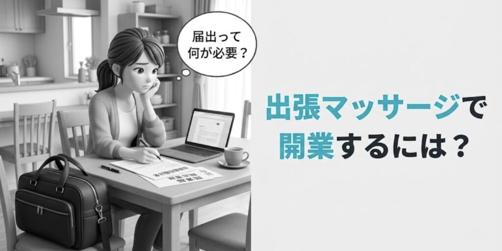 出張マッサージでの開業を考え、届出に何が必要か悩むあん摩マッサージ指圧師のイラスト