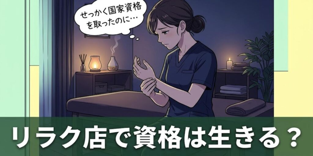リラク店の個室で手首を押さえて資格の生かし方に悩むあん摩マッサージ指圧師と「リラク店で資格は生きる？」の見出し