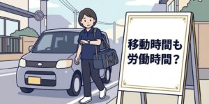 軽自動車の横で腕時計を見ながら次の訪問先へ急ぐ女性のあん摩マッサージ指圧師のイラスト
