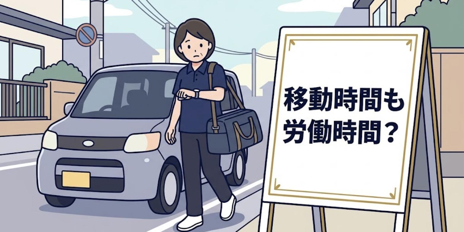 軽自動車の横で腕時計を見ながら次の訪問先へ急ぐ女性のあん摩マッサージ指圧師のイラスト