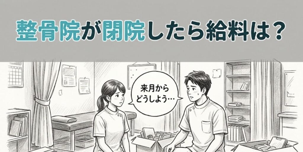 片付けが進む整骨院の施術室で、閉院後の給料と生活を不安に思う柔道整復師2人のイラスト