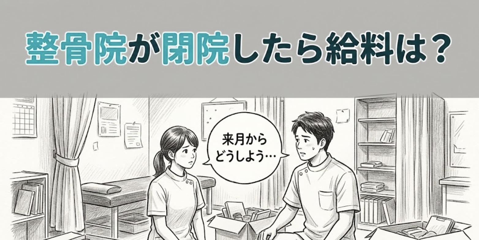 片付けが進む整骨院の施術室で、閉院後の給料と生活を不安に思う柔道整復師2人のイラスト