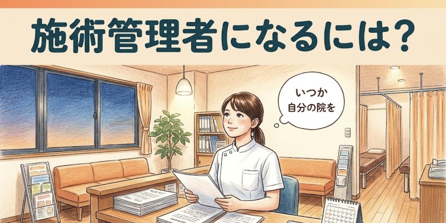 閉院後の受付で書類を確認しながら、施術管理者として自分の院を持つ将来を思い描く柔道整復師のイラスト