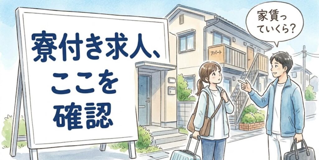 社宅アパートの前で先輩に案内され、寮付き求人の家賃や条件を気にする新人柔道整復師のイラスト