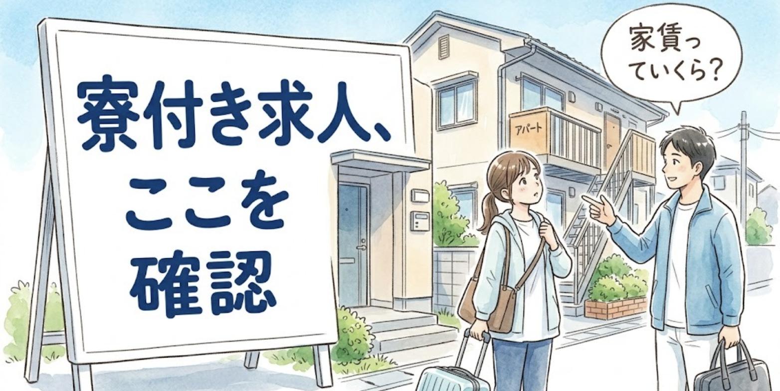 社宅アパートの前で先輩に案内され、寮付き求人の家賃や条件を気にする新人柔道整復師のイラスト