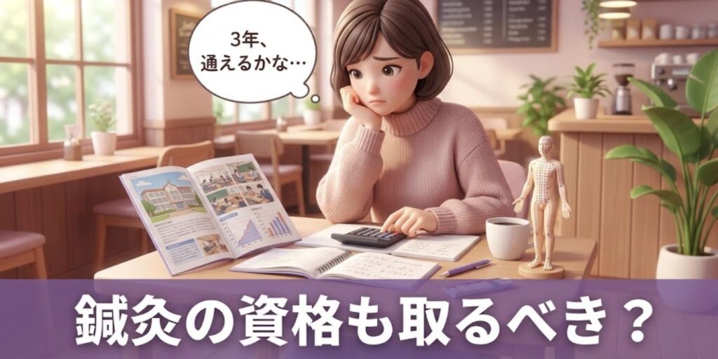 カフェで学校のパンフレットと電卓を広げ、鍼灸の資格も取るべきか悩む女性柔道整復師のイラスト