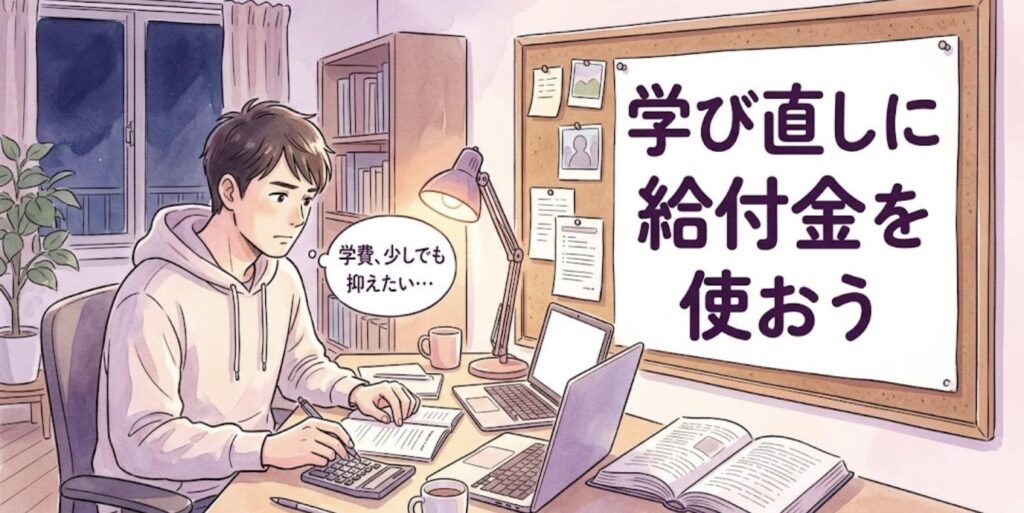 夜の自宅の机で教材とパソコンを広げ、電卓で学費を計算する男性柔道整復師のイラスト
