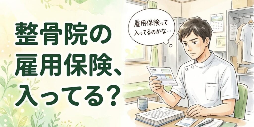 スタッフルームで給与明細を見ながら、雇用保険に入っているか不安になる柔道整復師のイラスト