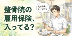 スタッフルームで給与明細を見ながら、雇用保険に入っているか不安になる柔道整復師のイラスト