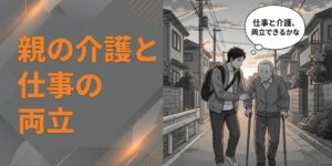 夕方の住宅街で杖をついた父親を支えながら、介護と仕事の両立に悩む柔道整復師のイラスト