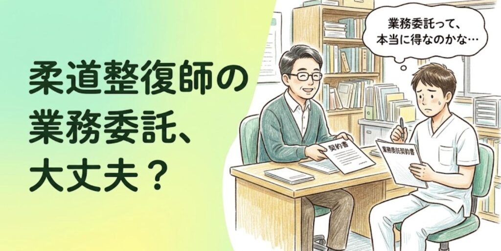院長から業務委託契約書を差し出され迷う柔道整復師と「柔道整復師の業務委託、大丈夫？」の見出し