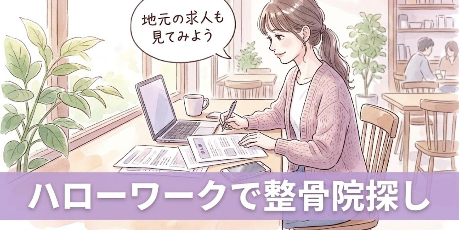 カフェでノートパソコンと求人票を並べて、地元の整骨院の求人を探す女性柔道整復師のイラスト