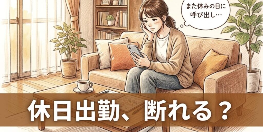 休みの日にソファで院長からの連絡を見てため息をつく女性柔道整復師と「休日出勤、断れる？」の見出し