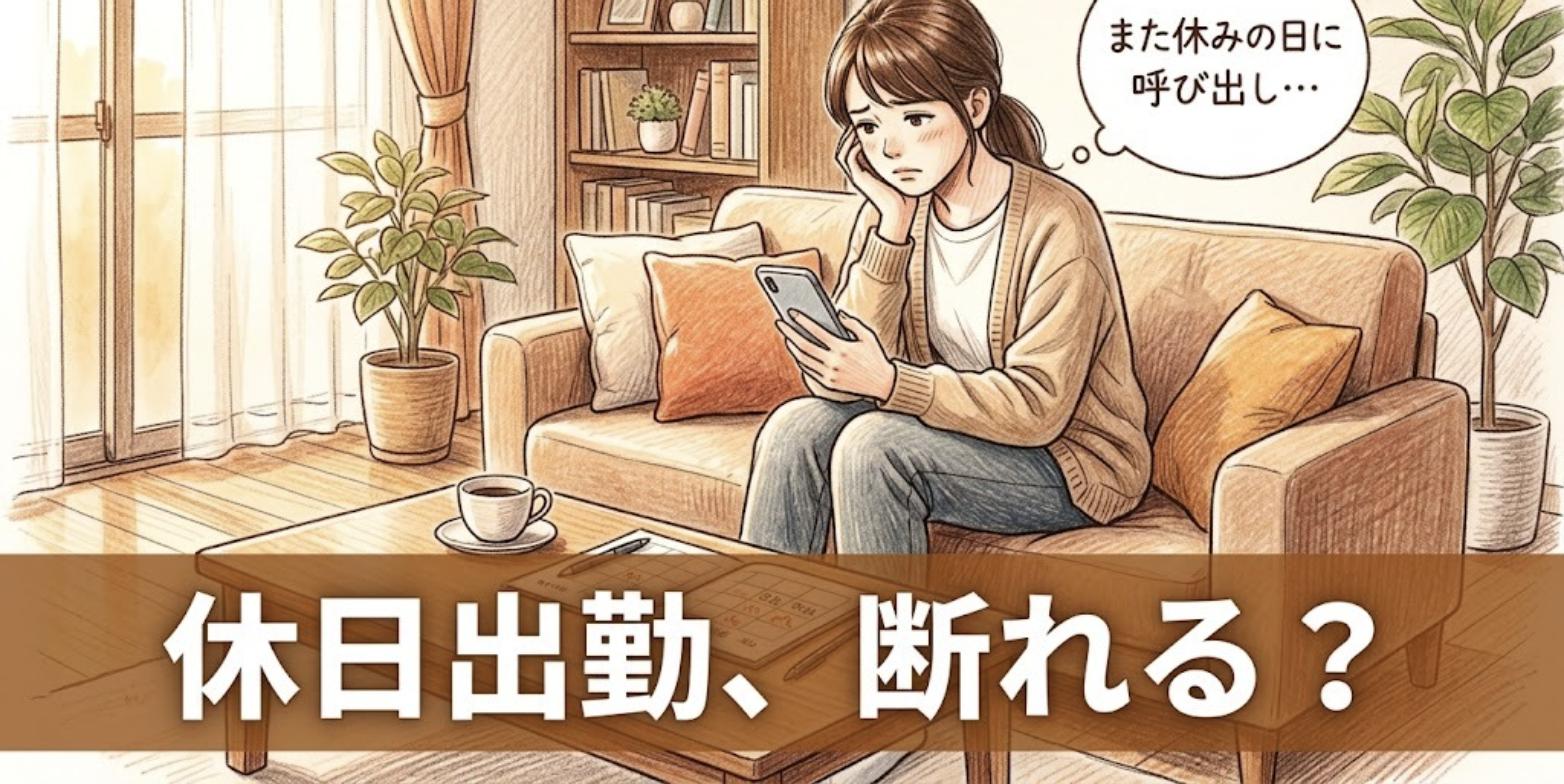 休みの日にソファで院長からの連絡を見てため息をつく女性柔道整復師と「休日出勤、断れる？」の見出し