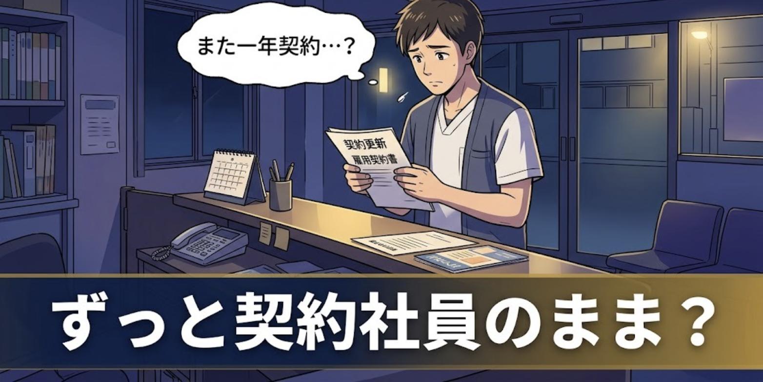 夜の受付で契約更新の書類を見つめる男性柔道整復師と「また一年契約…?」の吹き出し
