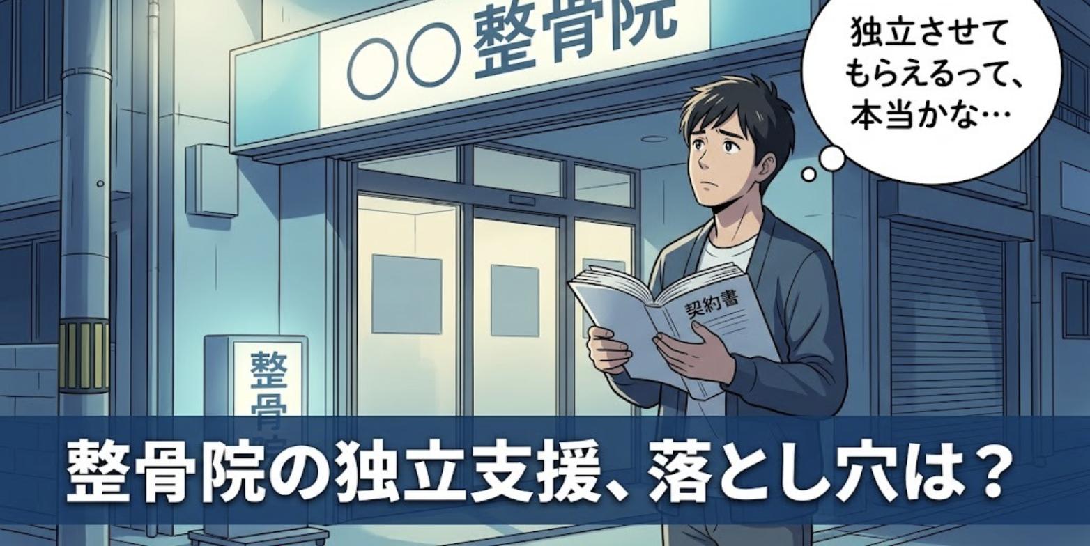 夜の整骨院の前で契約書を手に独立支援の話が本当か迷う柔道整復師と「整骨院の独立支援、落とし穴は？」の見出し