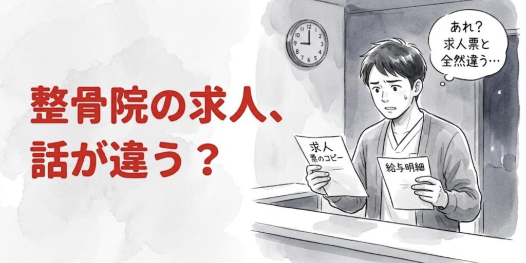夜の受付で求人票と給与明細を見比べて求人と違うことに気づく柔道整復師と「整骨院の求人、話が違う？」の見出し