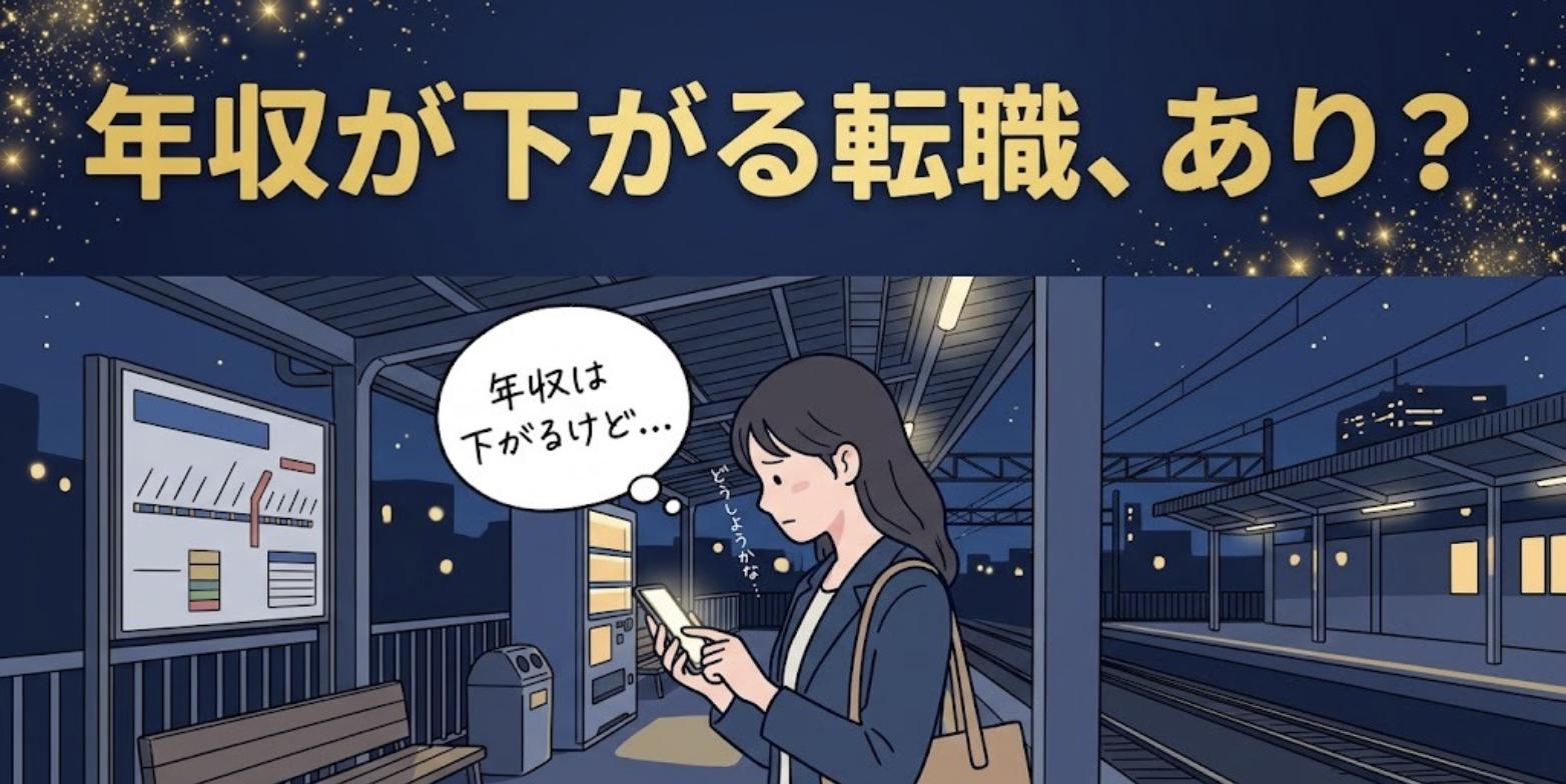 夜の駅のホームで求人を見比べ、年収が下がる転職に迷う女性柔道整復師のイラスト