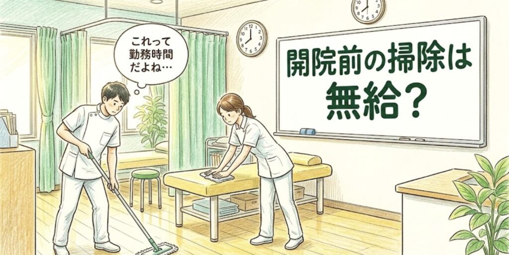 朝8時の開院前に整骨院の施術室を掃除しながら、これは勤務時間ではと疑問に思う柔道整復師2人のイラスト