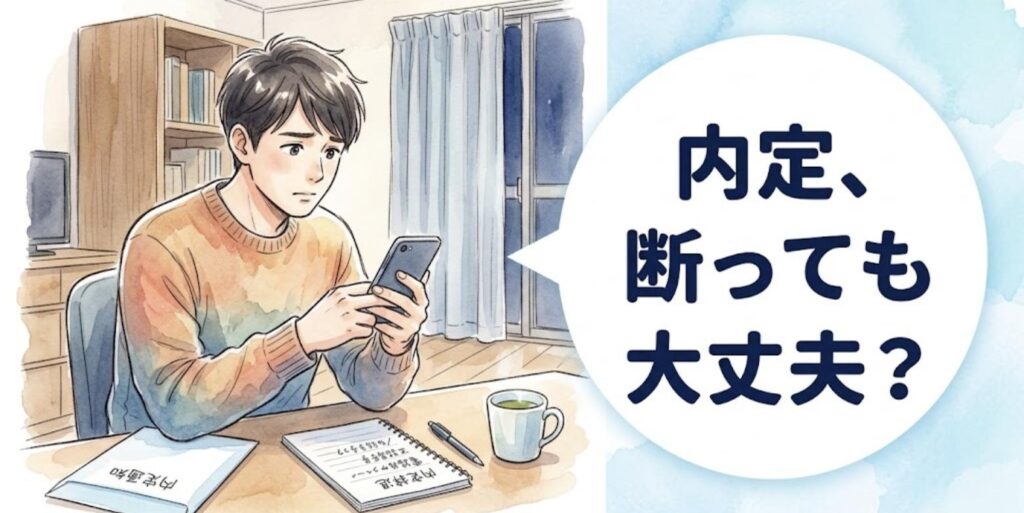 自宅の机でスマホを手に、整骨院の内定を断る電話をかけるか迷う男性柔道整復師のイラスト