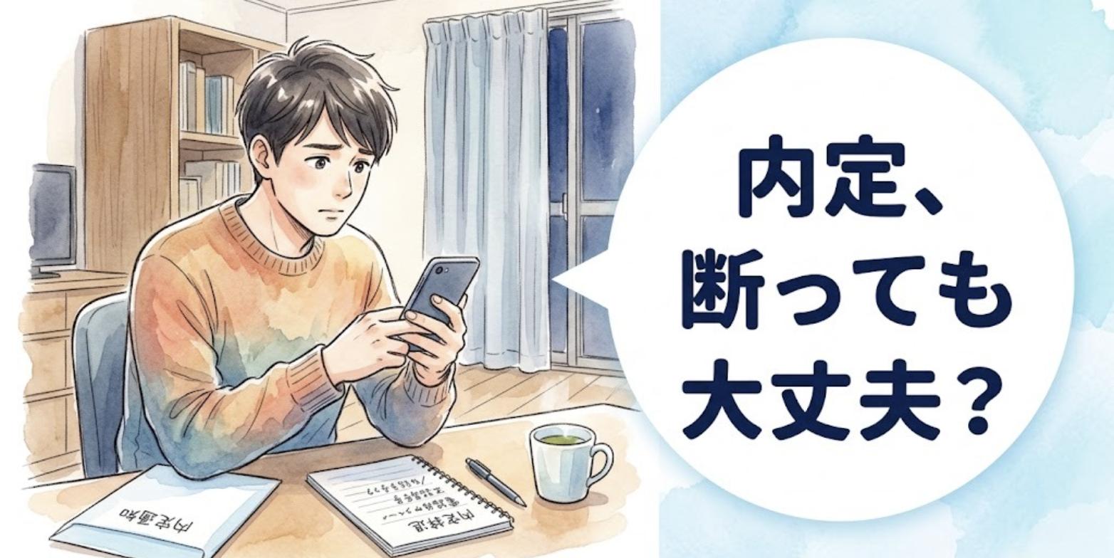 自宅の机でスマホを手に、整骨院の内定を断る電話をかけるか迷う男性柔道整復師のイラスト