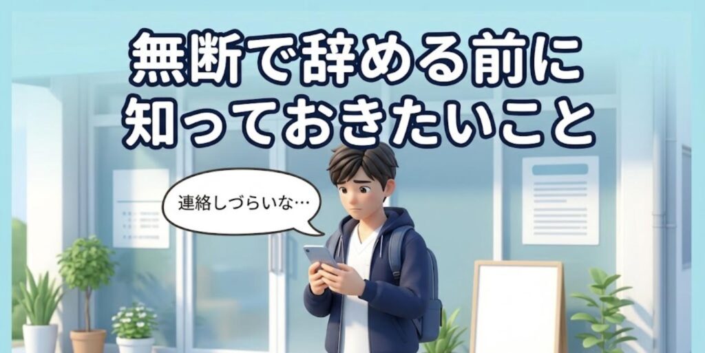 整骨院の入口前でスマートフォンを持ち連絡を迷う若い男性柔道整復師のイラスト