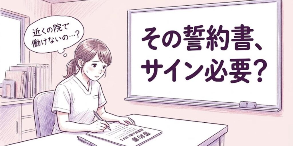 院長室で誓約書を前に迷う女性柔道整復師と「その誓約書、サイン必要？」と書かれたホワイトボード