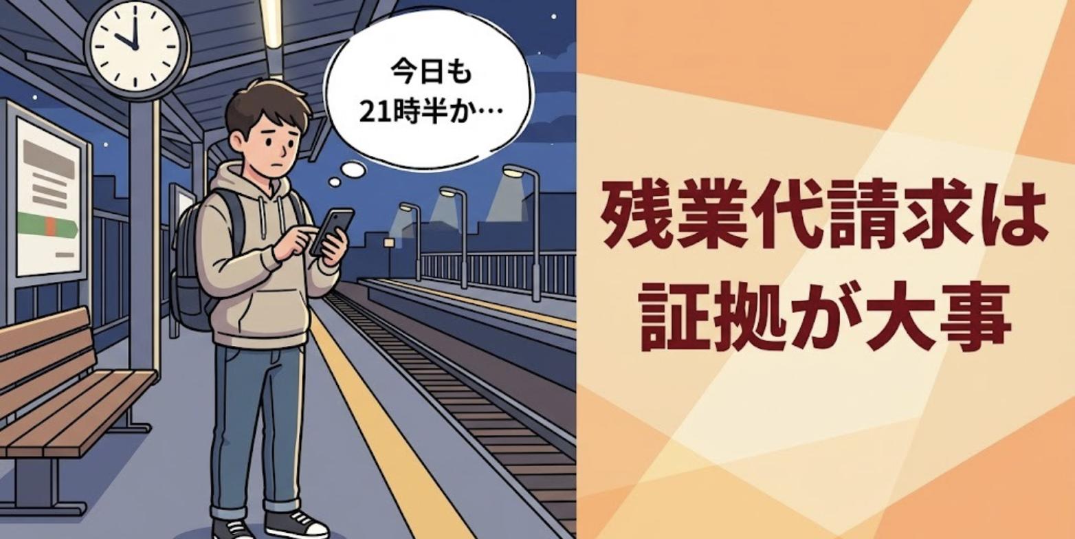 夜21時半の駅のホームで、スマホに退勤時刻を記録する男性柔道整復師のイラスト