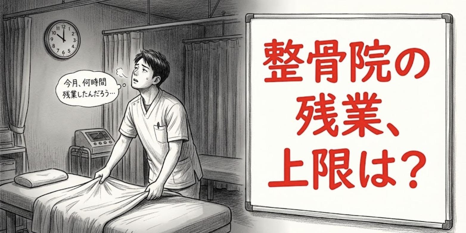 夜10時の施術室でベッドを片付けながら残業時間に不安を感じる柔道整復師と「整骨院の残業、上限は?」の見出し