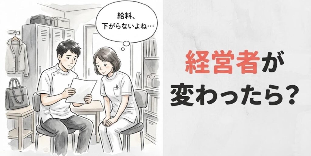 整骨院のスタッフルームでお知らせの紙を見つめ、経営者が変わった後の給料を心配する柔道整復師2人のイラスト
