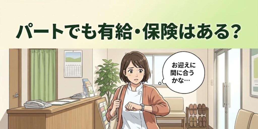 時計を見ながら受付を出ようとするパート勤務の女性柔道整復師のイラスト