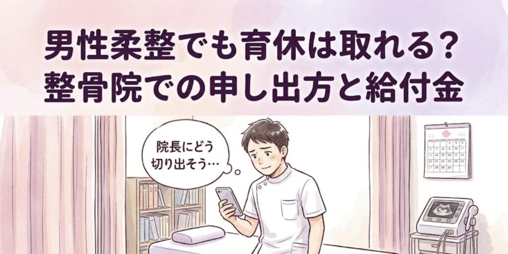 整骨院の施術室でスマホのエコー写真を見つめ、院長に育休をどう切り出すか悩む男性柔道整復師のイラスト