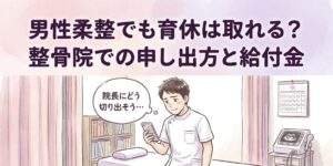 整骨院の施術室でスマホのエコー写真を見つめ、院長に育休をどう切り出すか悩む男性柔道整復師のイラスト