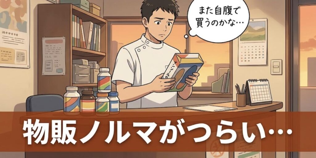 整骨院の受付でサプリやインソールを前に、物販ノルマのために自腹で買うのかと悩む男性柔道整復師のイラスト