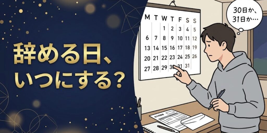 自宅の壁のカレンダーで月末を指さし、整骨院を辞める日を30日にするか31日にするか迷う男性柔道整復師のイラスト