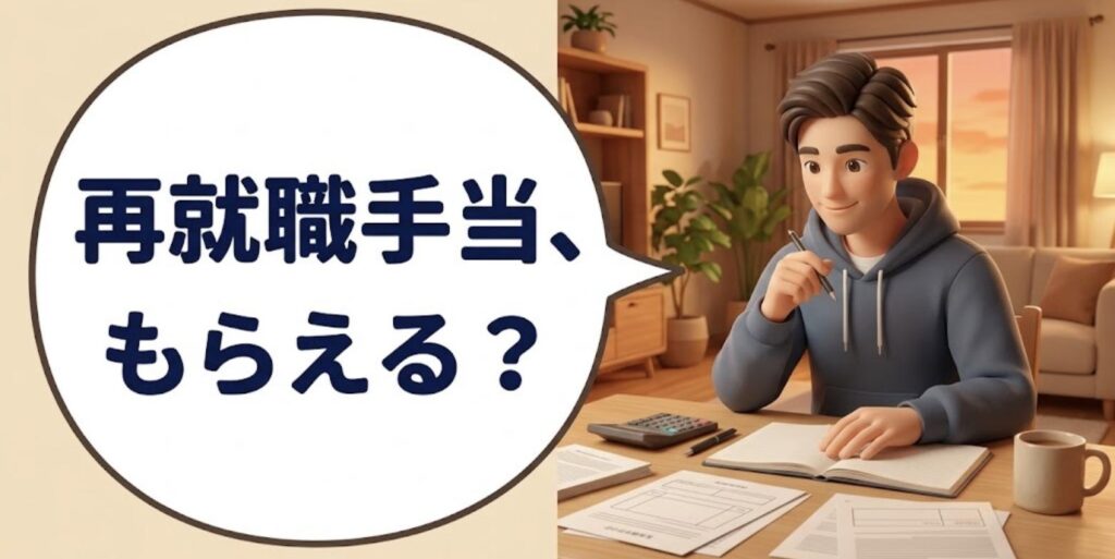 自宅で電卓と書類を前に、再就職手当がもらえるか考える柔道整復師のイラスト