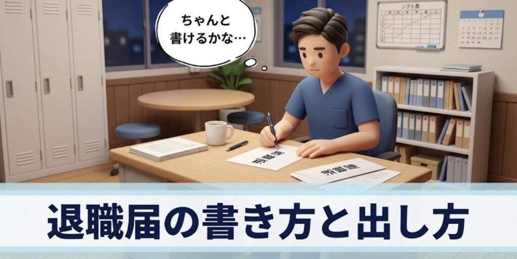 閉院後のスタッフルームで退職届の書き方に迷いながら便箋に向かう柔道整復師のイラスト