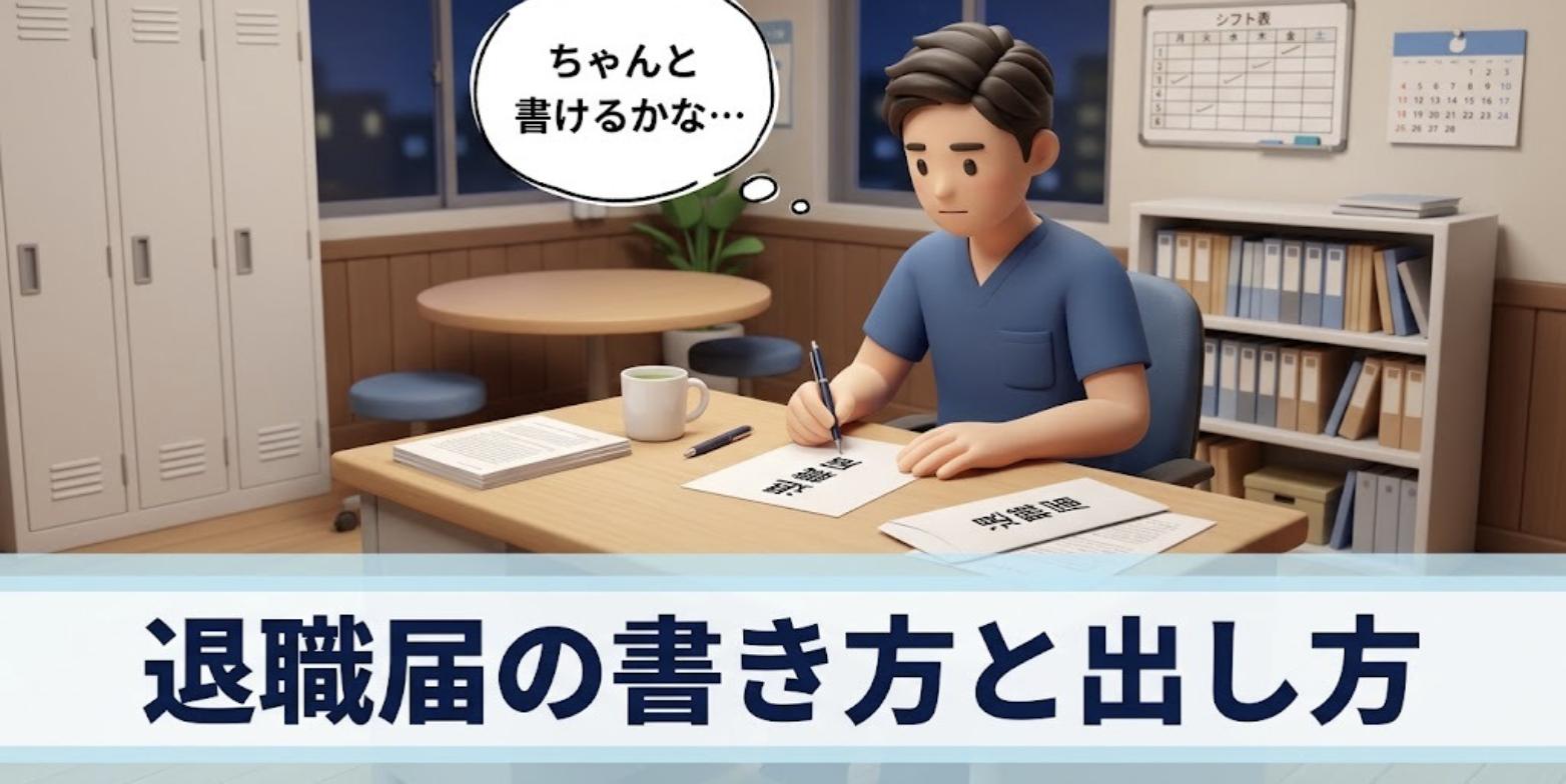閉院後のスタッフルームで退職届の書き方に迷いながら便箋に向かう柔道整復師のイラスト