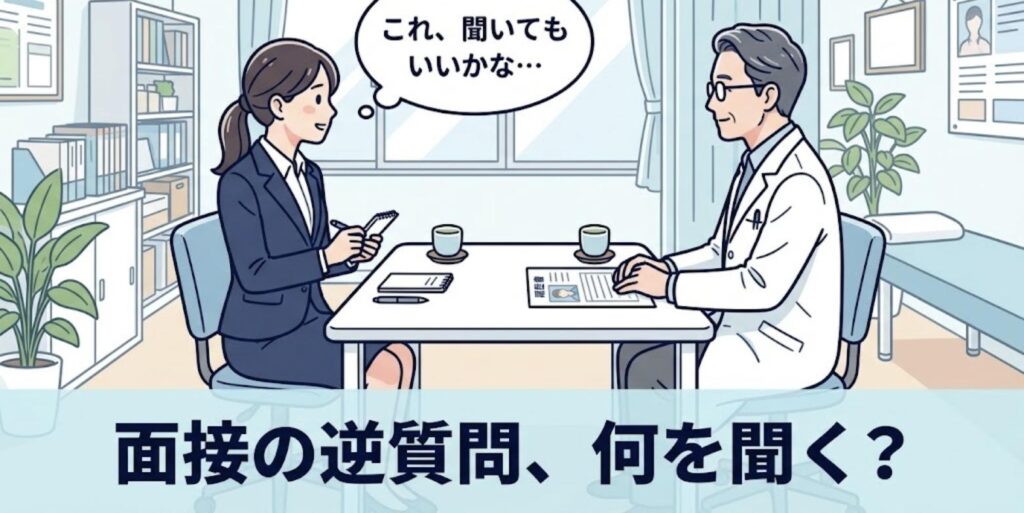 整骨院の面接でメモを手に、院長に逆質問してもいいか迷う女性柔道整復師のイラスト