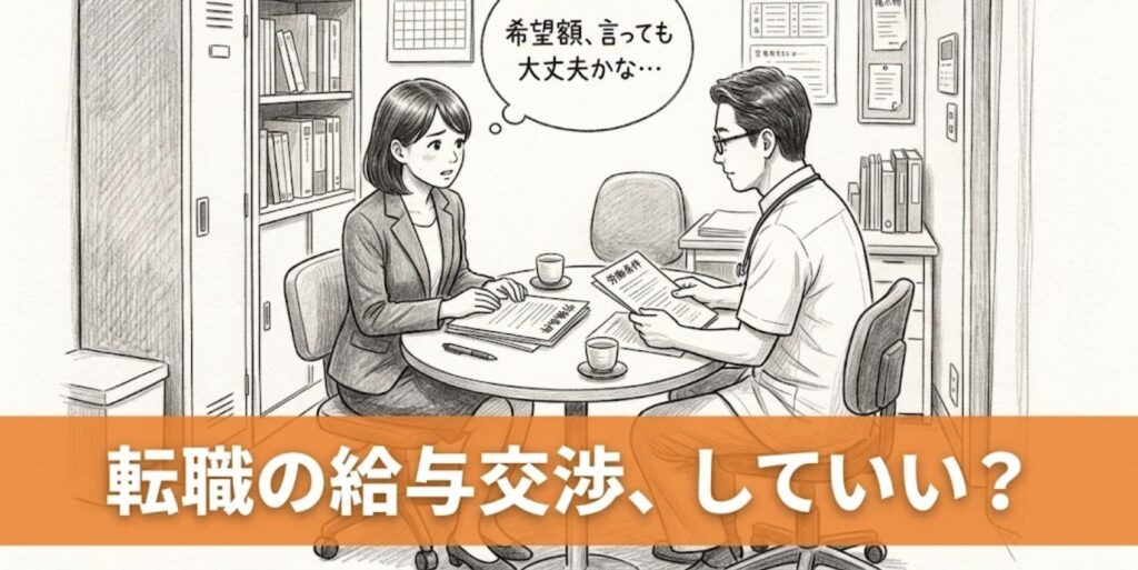整骨院のスタッフルームで院長と向かい合い、転職時の希望額を伝えるか迷う女性柔道整復師のイラスト