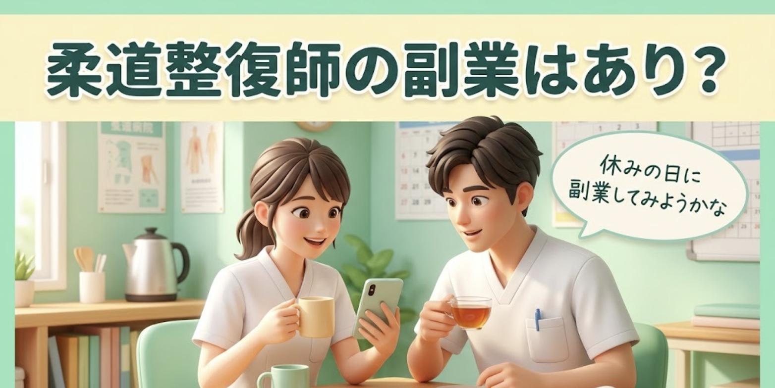 スタッフルームで休憩中に、スマホを見ながら副業について話す男女二人の柔道整復師のイラスト