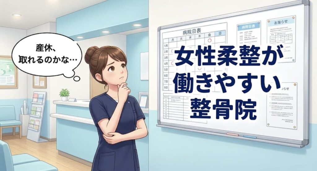 整骨院の受付横でホワイトボードを見上げ、産休が取れるか考える女性柔道整復師