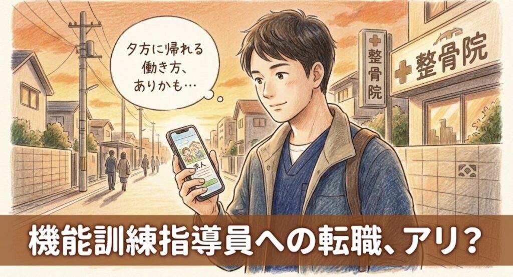 夕方の帰り道でスマートフォンの介護施設の求人を見ながら「夕方に帰れる働き方、ありかも…」と考える男性柔道整復師と、「機能訓練指導員への転職、アリ？」の見出し
